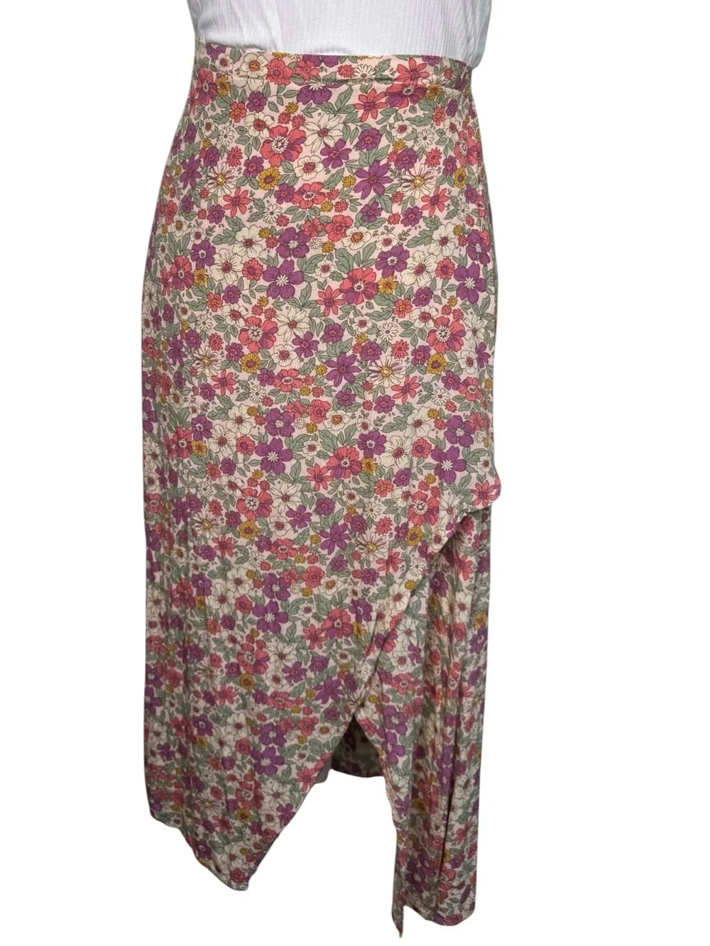 Rewind Floral Midi Skirt Size Medium Boho Cottagecore Pink Purple A-Line